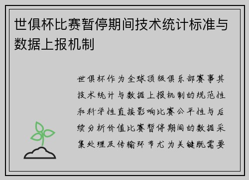 世俱杯比赛暂停期间技术统计标准与数据上报机制